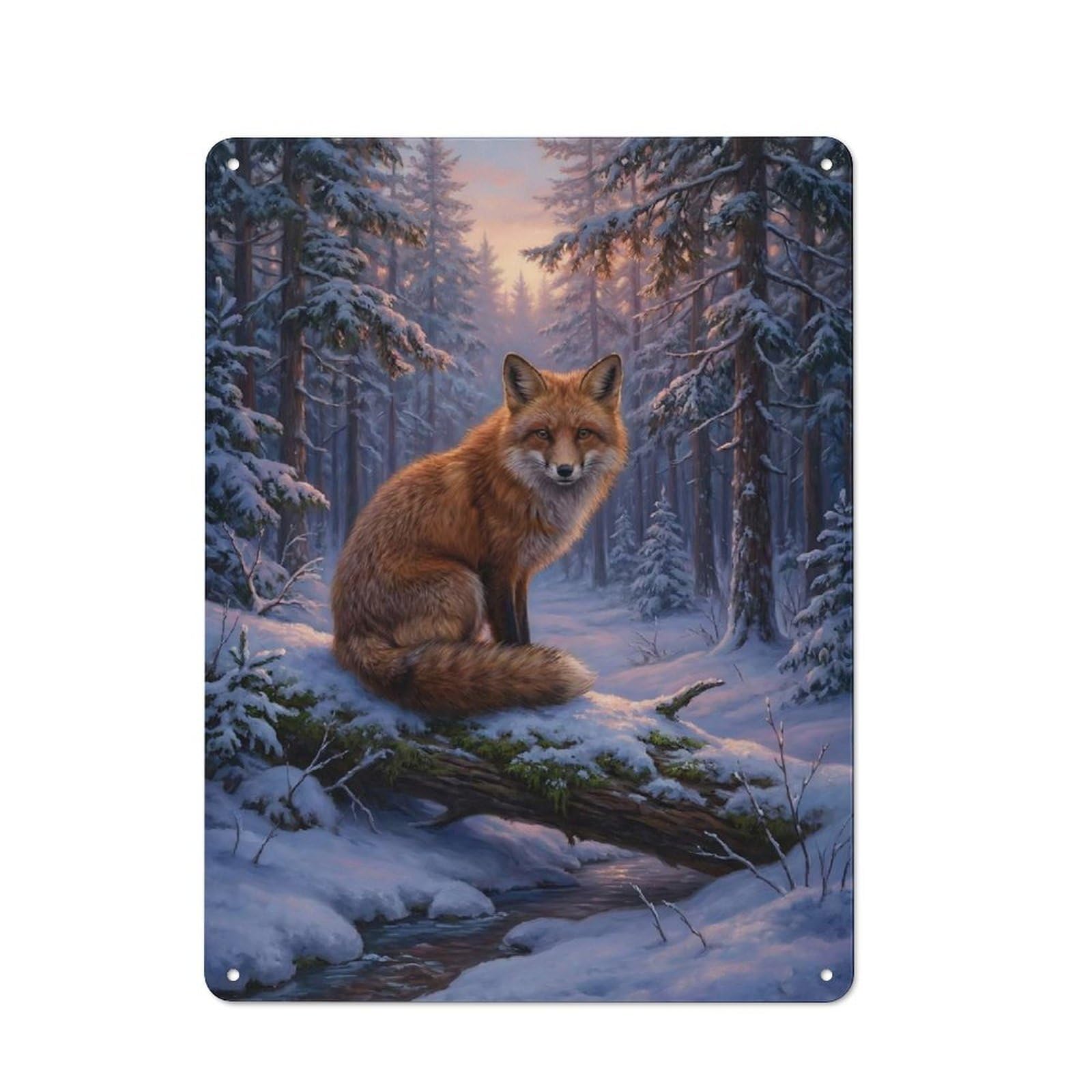 Junmoney Style-7 Tin Wall Plaque 40X30cm With Fox In Winter Forest For Guest Room Or Hallway, For Garage, Workshop And Man Cave Decoration