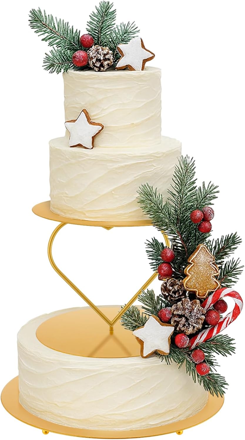 Wenqik 2 Pcs Gold Metal Floating Cake Stand Spacer 14 Inch Tiered Cake Stand with Heart Riser Floating Separator for Wedding Birthday Anniversary Valentines Dessert Tiered Table Centerpiece Display