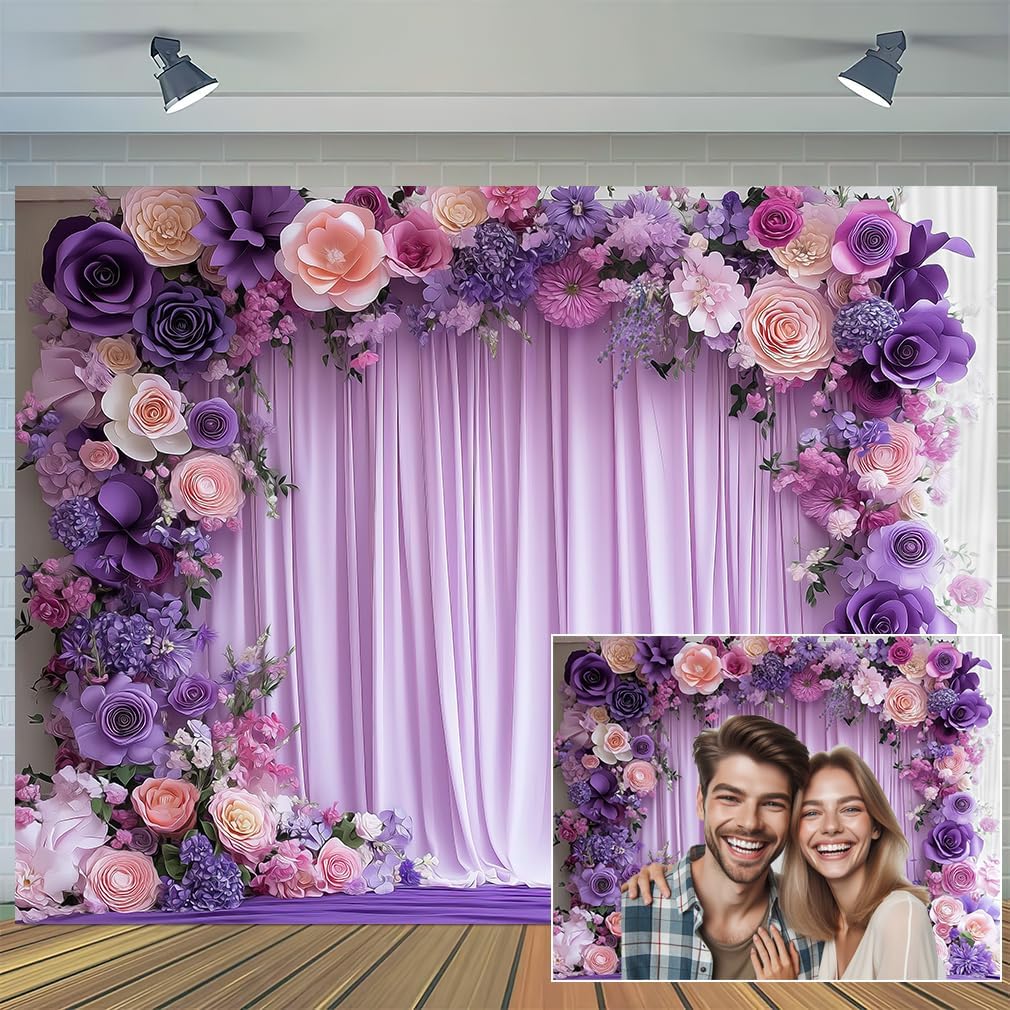 8X6ft Purple Flower Wall Background Photography Lavender Backdrop for Parties Wedding, Girls Birthday Princess Weeding Bridal Shower Purple Floral Anniversary Ceremony Decor. image 4