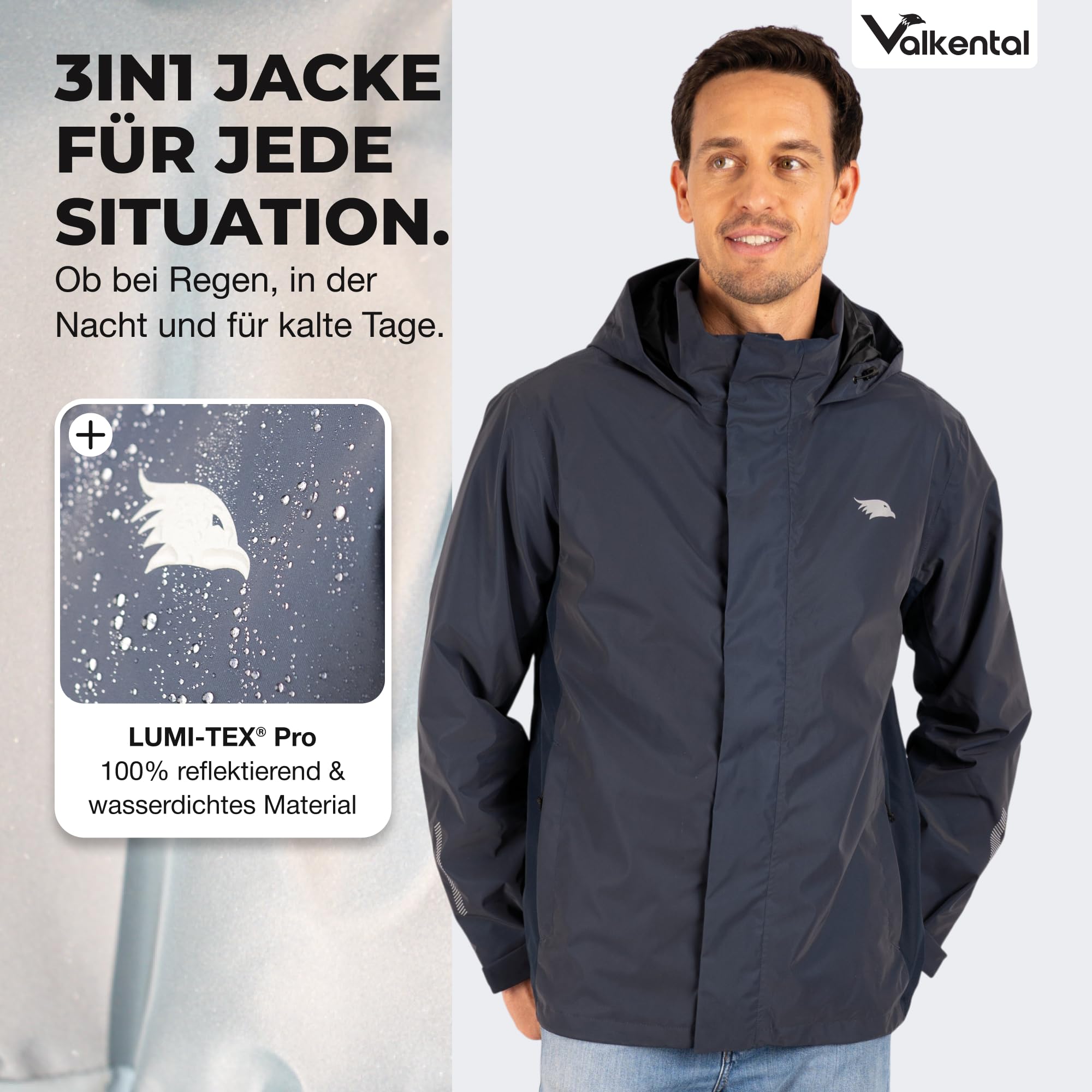 Valkental - Reflektierende & Wasserdichte 3in1 Jacke Herren [Fleece Zipp-In & Verstaubare Kapuze] Geeignet als Winterjacke, Regenjacke & Fahrradjacke - 10.000mm Wassersäule - Doppel Reißverschluss