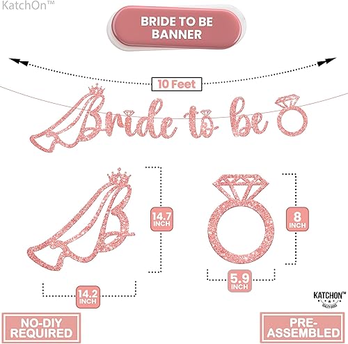 Miniatura 4 de KatchOn, Cartel con purpurina de oro rosa con la frase "Bride To Be"  Pre-encordado, 10 pies  Letrero de novia con anillo para decoraciones de