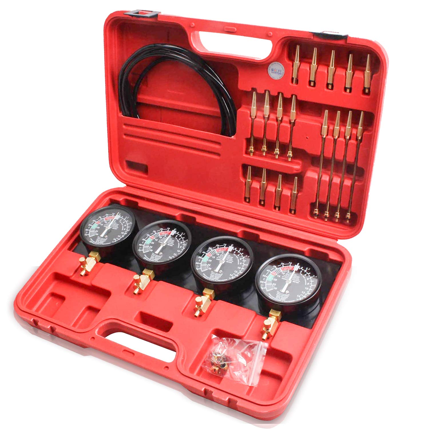 Herrselsam 4 unidades de carburador sincronizado, comprobador de compresión Syncrontester con mangueras, conectores de cobre y maletín, probador sincronizado para coches, motocicletas y vehículos