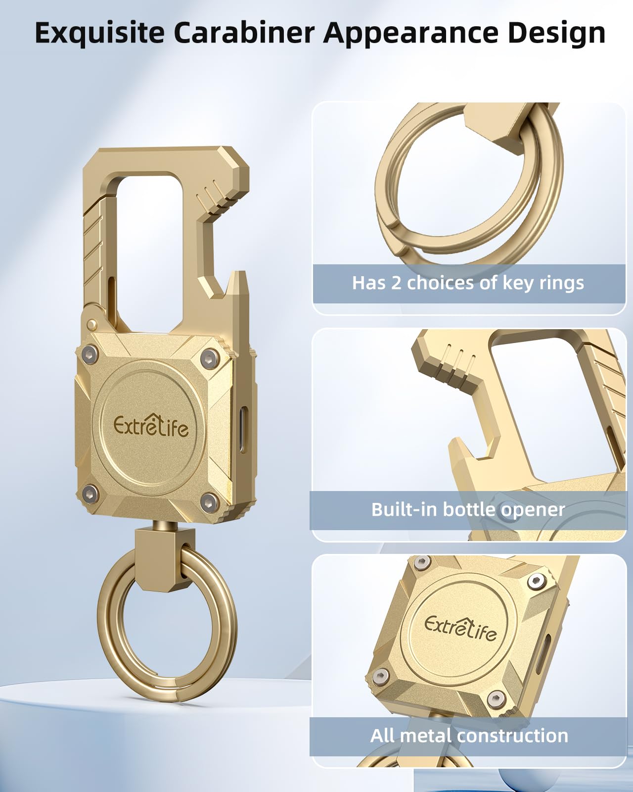 Portachiavi, funziona con Apple Find My, Heavy Duty portachiavi apribottiglie, moschettone auto portachiavi con localizzatore GPS, trova chiavi, Bluetooth Tracker per bagagli, bambini, borse e altro