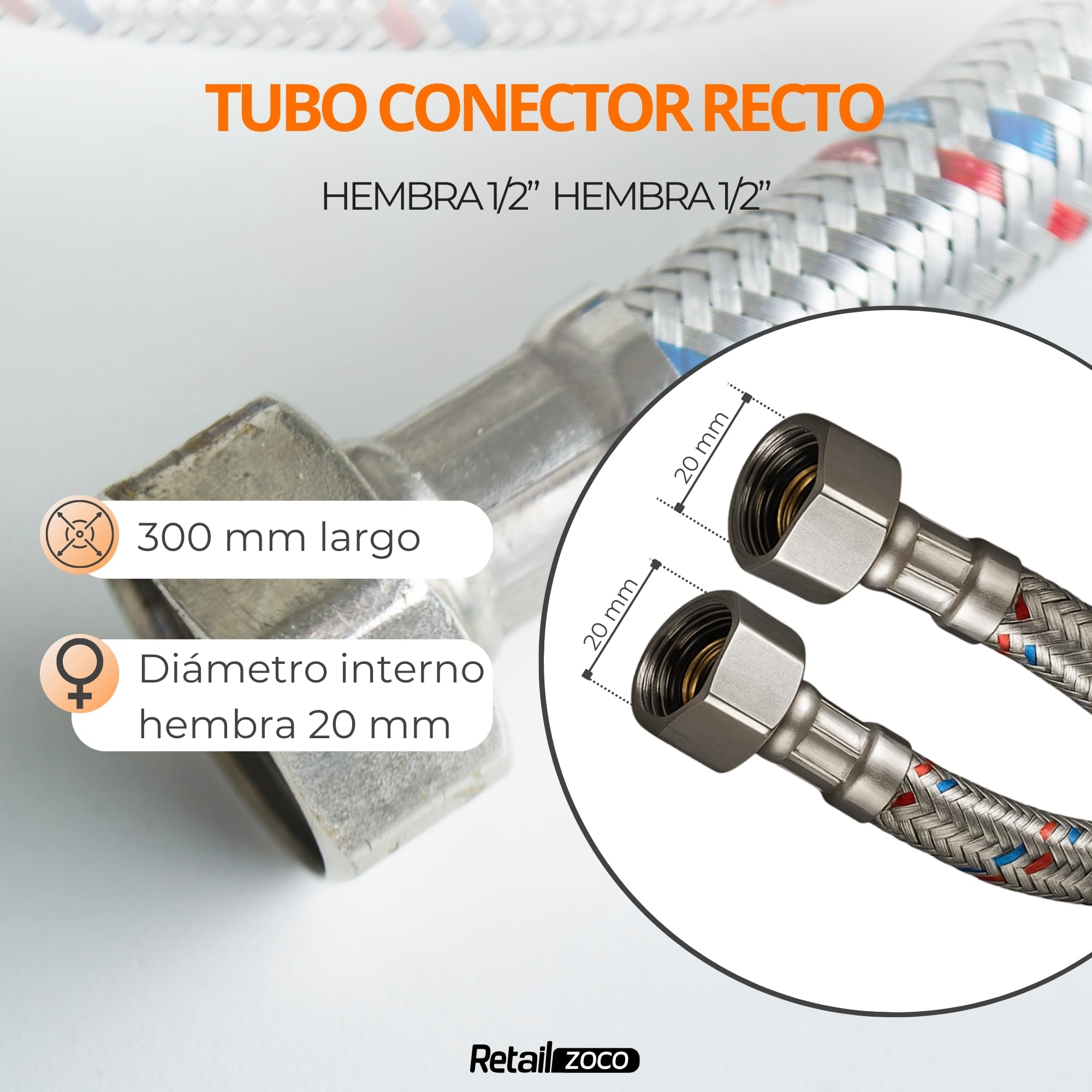 Latiguillo de Fontanería Hembra 1/2” x Hembra 1/2”, Longitud 30 cm - imagen 4