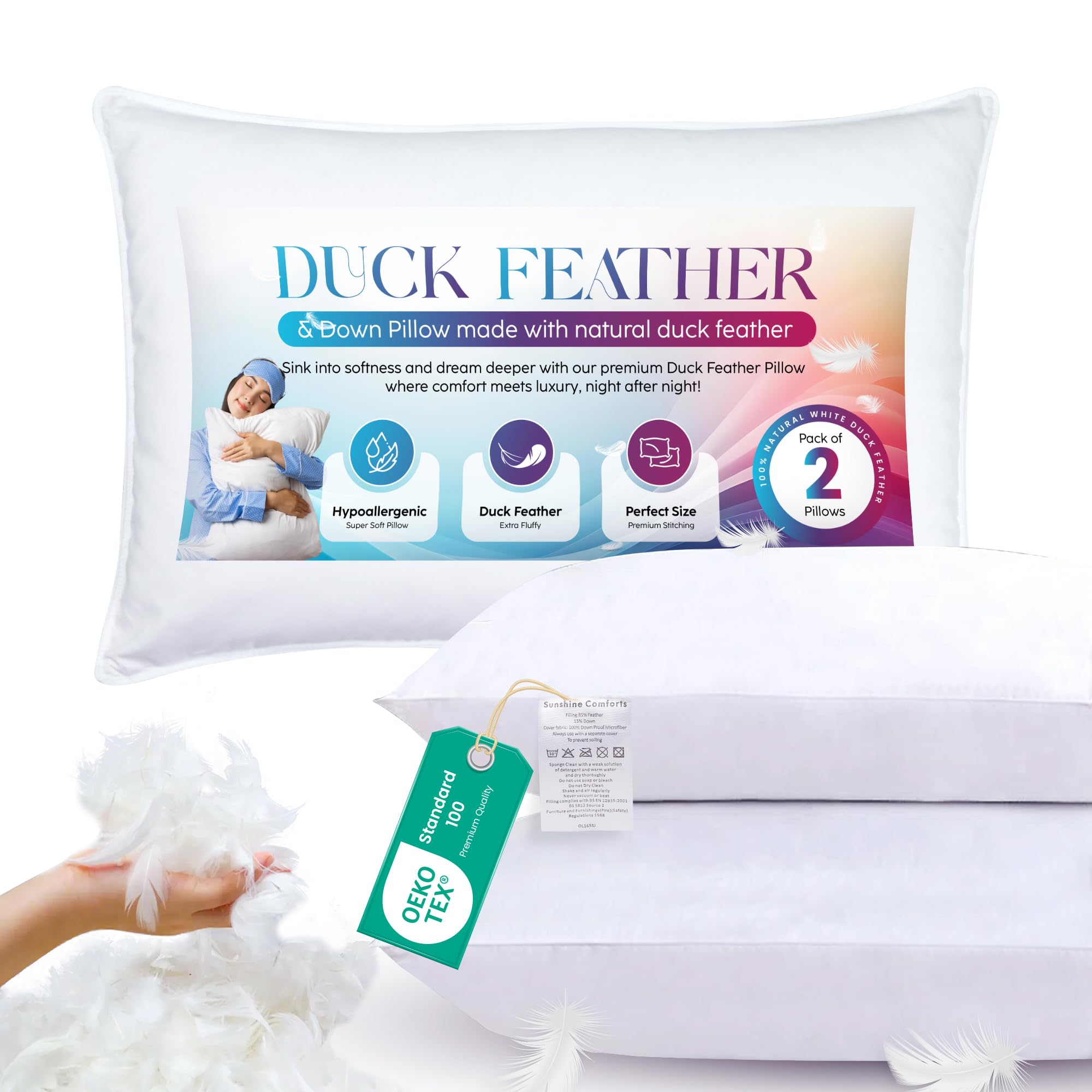 Sunshine Comforts Duck Feather Pillows (2 Pack) –1200GSM Luxury Bed Pillows for Sleeping (50X75cm), Soft for All Sleep Positions – Breathable, Washable & Hypoallergenic UK Standard Size