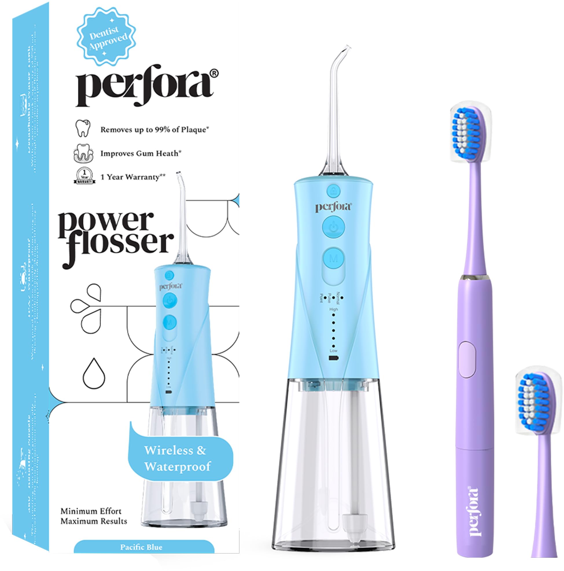 Perfora Power Water Dental Flosser | 1 Year Warranty | Floss, Electric Toothbrush, Dental Flosser For Teeth Oral Care, 3 Modes - Electric Brush 002 & Flosser Combo|Pacific Blue & Lilac Lavender (B0CD82LC1W) Amazon Price History, Amazon Price Tracker