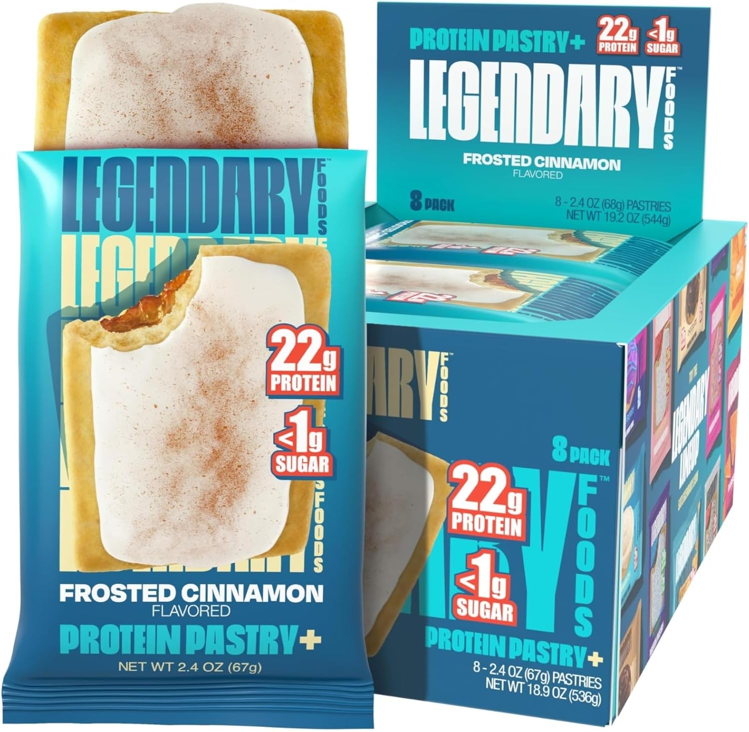 Legendary Foods 22g Protein Pastry 0g Added Sugar, Low Carb, Gluten Conscious, Keto Snack, Ideal for Glucose Management, Includes Whey Protein Isolate, 8 Pack Frosted Cinnamon