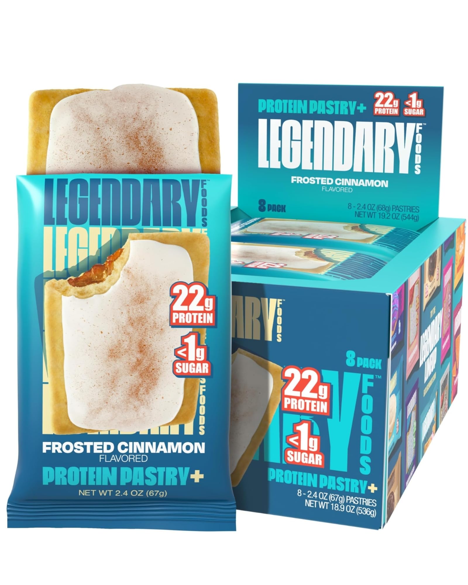 Legendary Foods 22g Protein Pastry 0g Added Sugar, Low Carb, Gluten Conscious, Keto Snack, Ideal for Glucose Management, Includes Whey Protein Isolate, 8 Pack Frosted Cinnamon