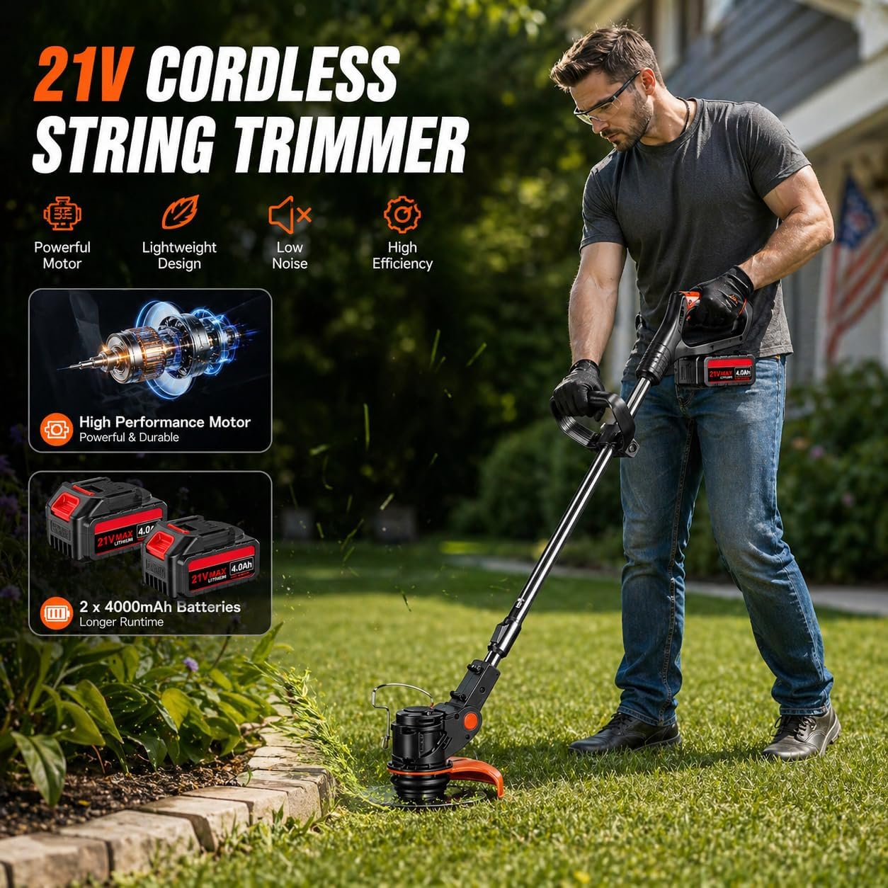 21V Cordless Weed Wacker, 2×4.0Ah Battery Powered Weed Trimmer, Electric Weed Eater with 3 Types Blades, Adjustable Cutting Height & Angle, Brush Cutter & Edger Lawn Tool for Garden Yard Care
