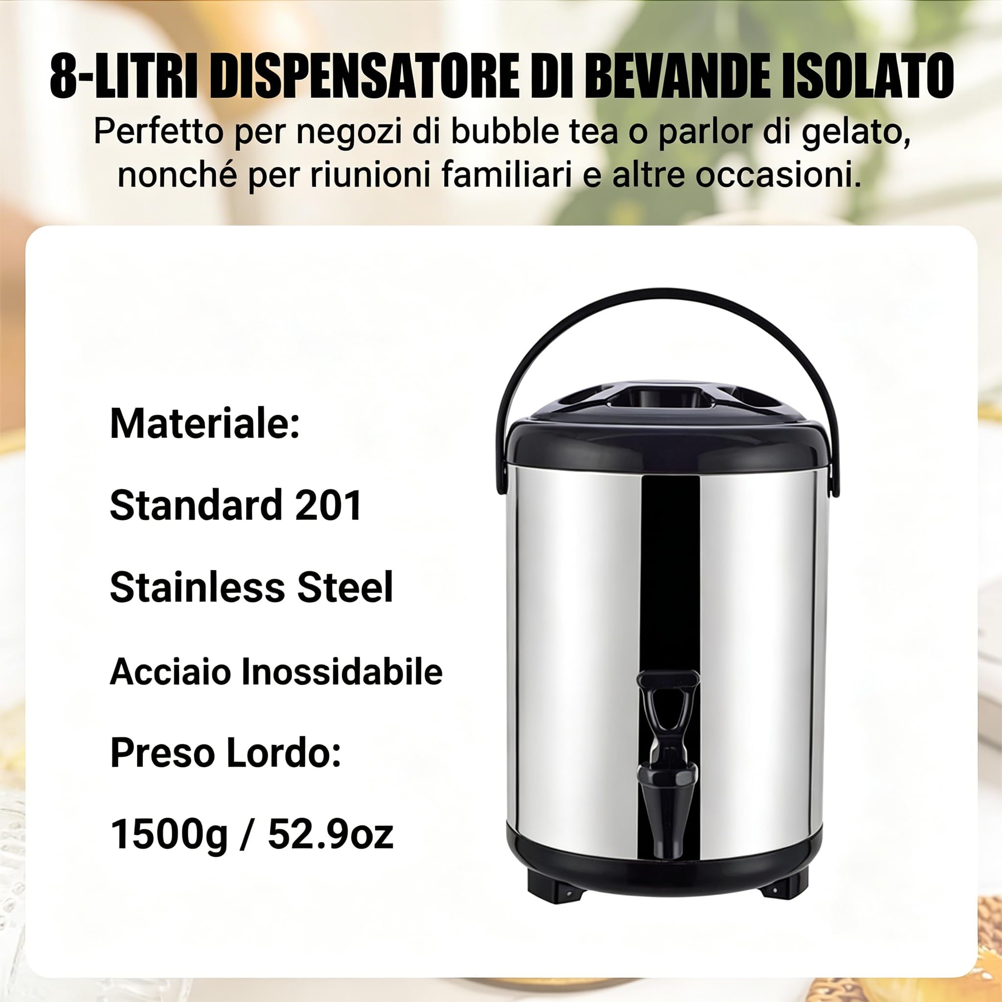 Distributore Di Bevande In Acciaio Inossidabile, Secchio Isolato 8L Per Bevande Calde E Fredde Con Rubinetto Per Tè Al Latte