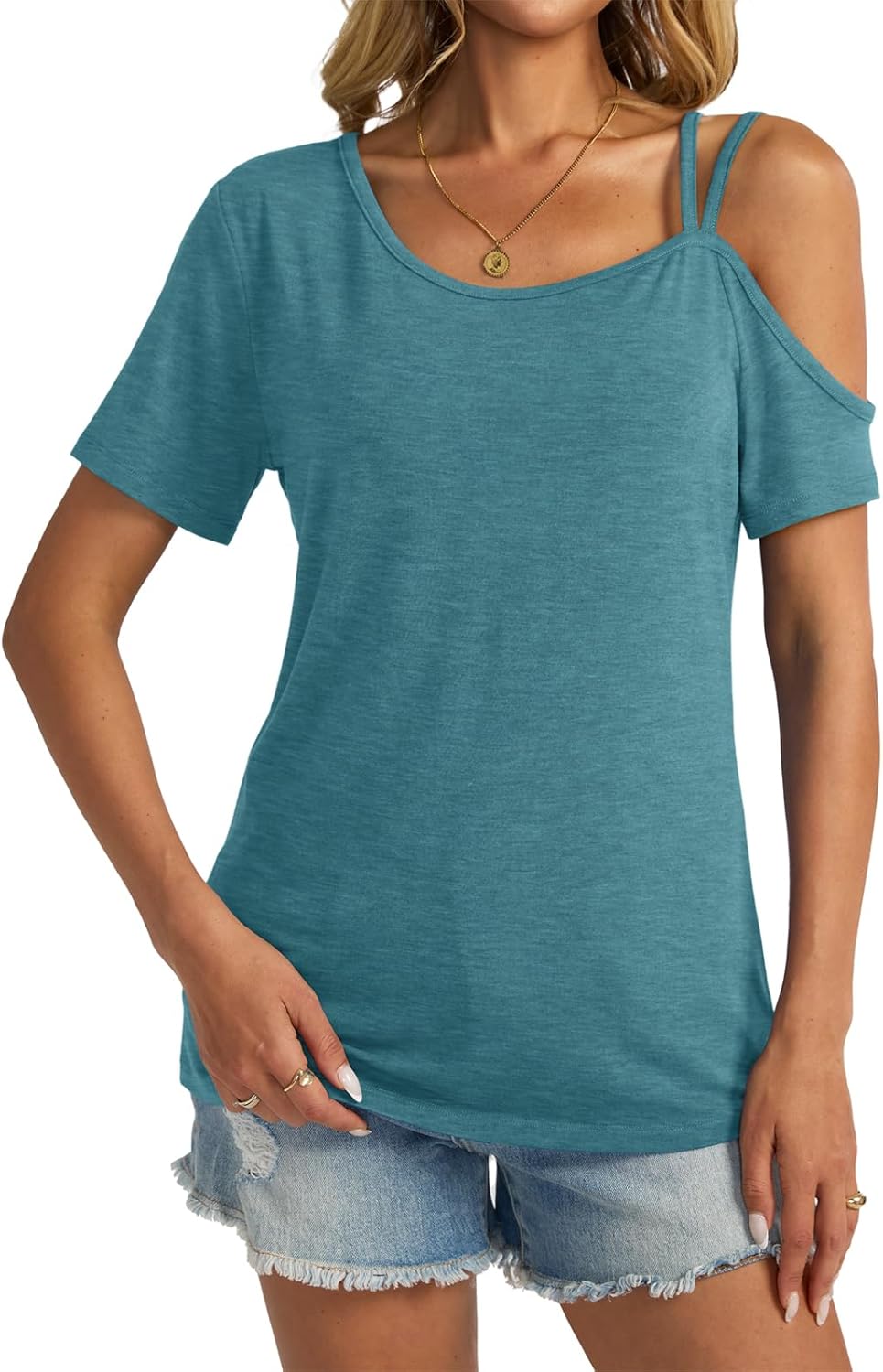 Womens Cold Shoulder Tops Sexy Short Sleeve T Shirts Summer Outfits Clothes 2025 - Image 4