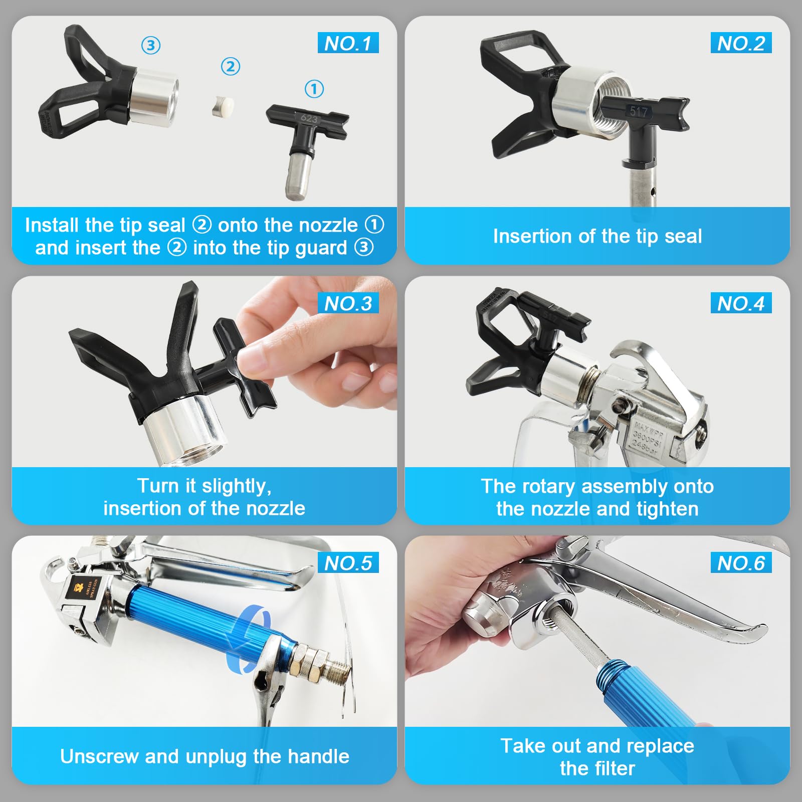 12 pezzi Kit pistola per verniciare, Pistola a spruzzo airless 3600PSI, 5 Ugello(211、517、315、623、415), 5 filtri, 1 ugello seggiolino