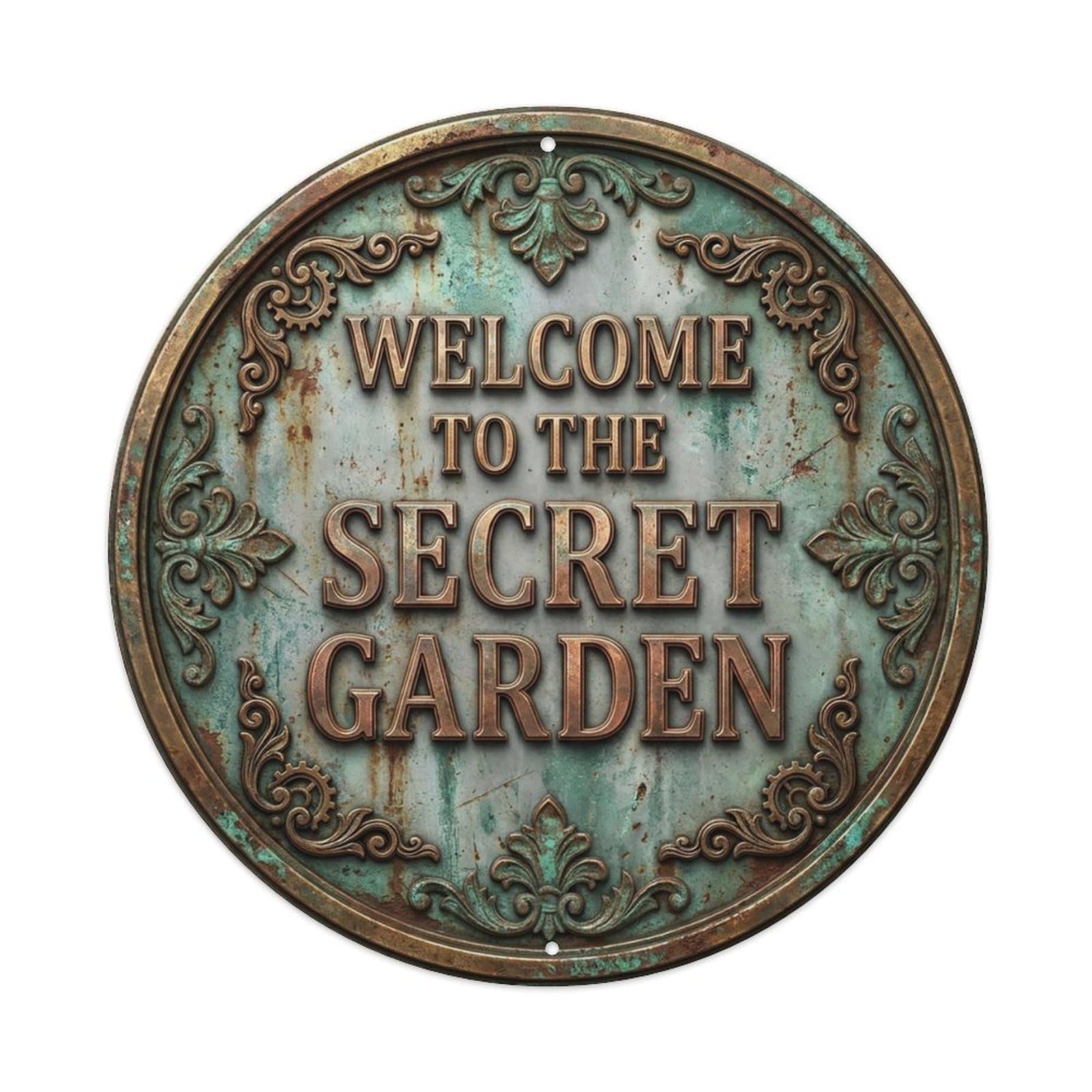 Vintage Welcome Secret Garden Bronze Greymist Forged Metal Tin Sign