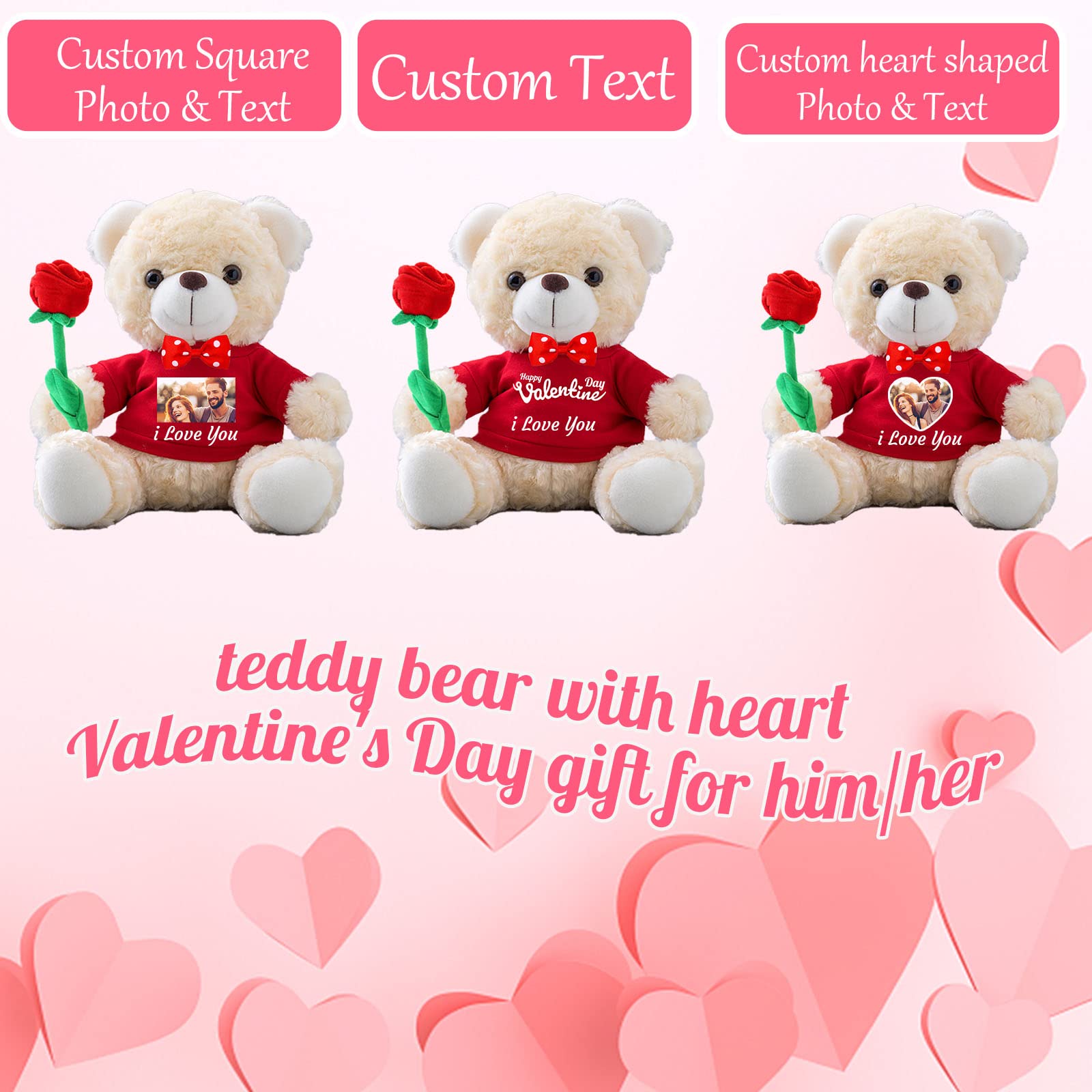 Personalized Teddy Bear With Photo & Custom Text On Red Heart - 8 Inch Stuffed Animal, I'm Sorry Gift For Her/Him | Valentine's, Anniversary, Birthday Present
