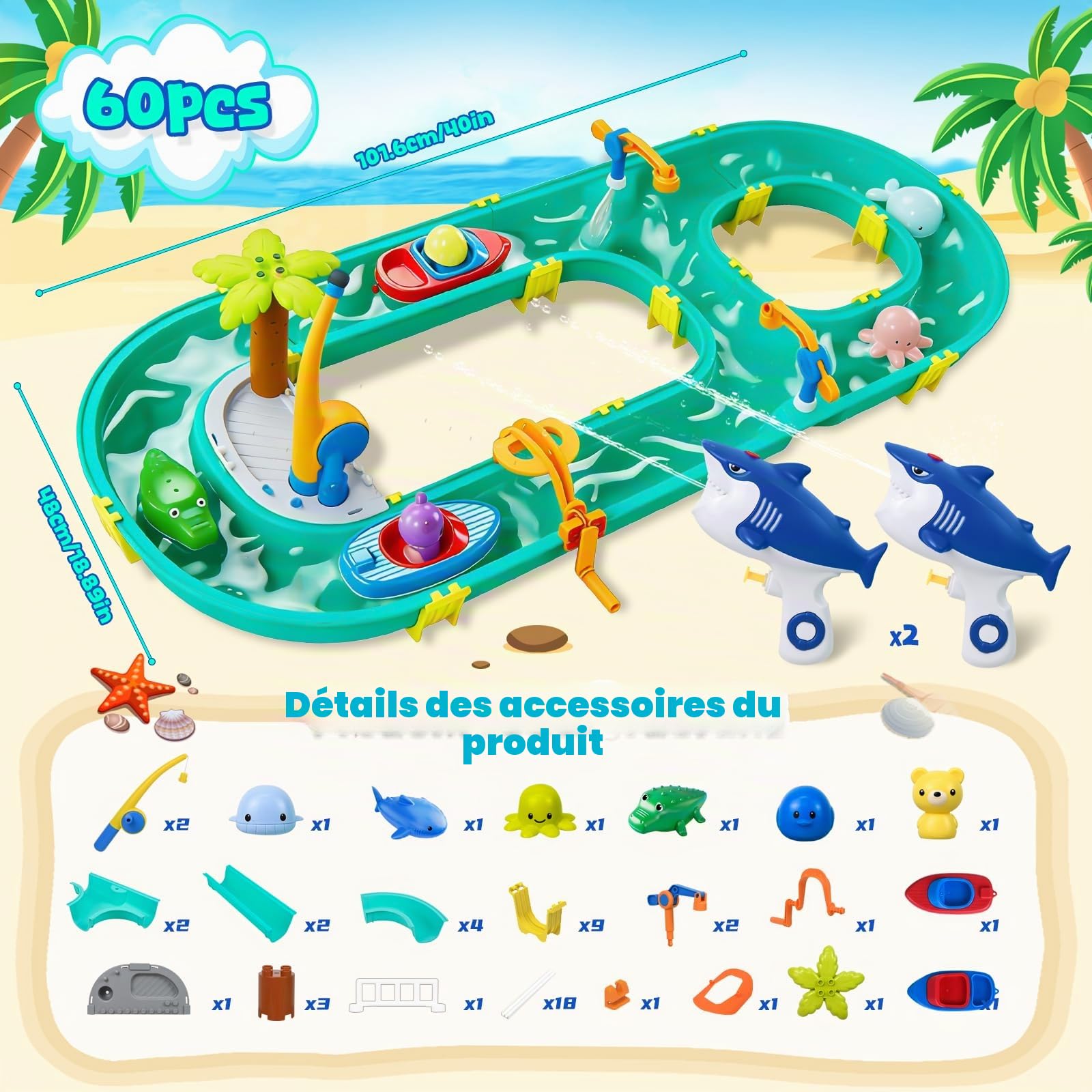 Joellfuner Circuit aquatique d'extérieur 2 en 1 pour enfants - Avec 2 bateaux, 6 figurines d'animaux, 2 pistolets à eau et fonction de pêche, jouet de table à eau pour garçons et filles (A)