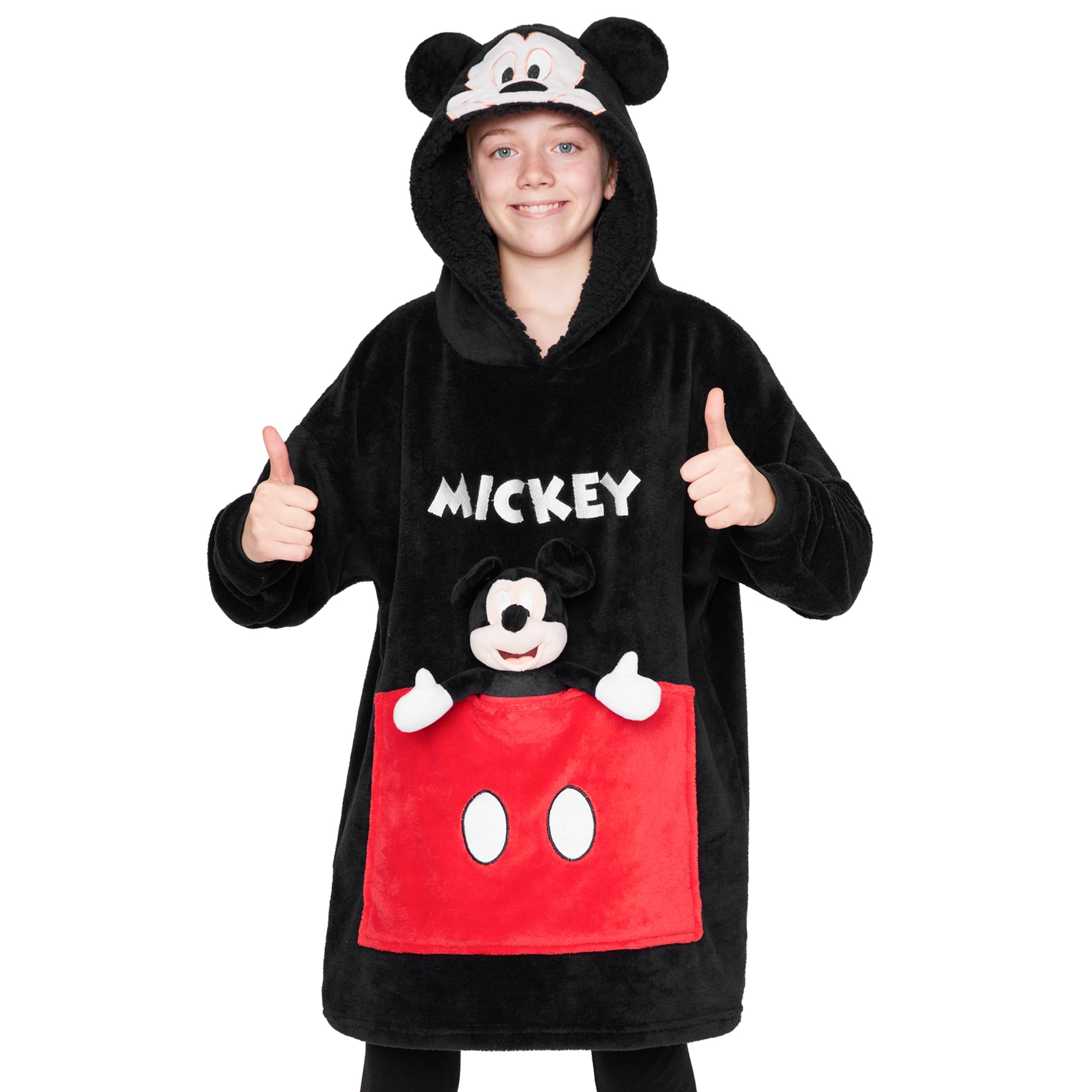 Disney Boys Black Mickey Stitch Fleece Hoodie Blanket With Plushie For Kids Teenagers Eeyore Angel Minnie Mouse Kids Oversized Hoodie (Black Mickey)
