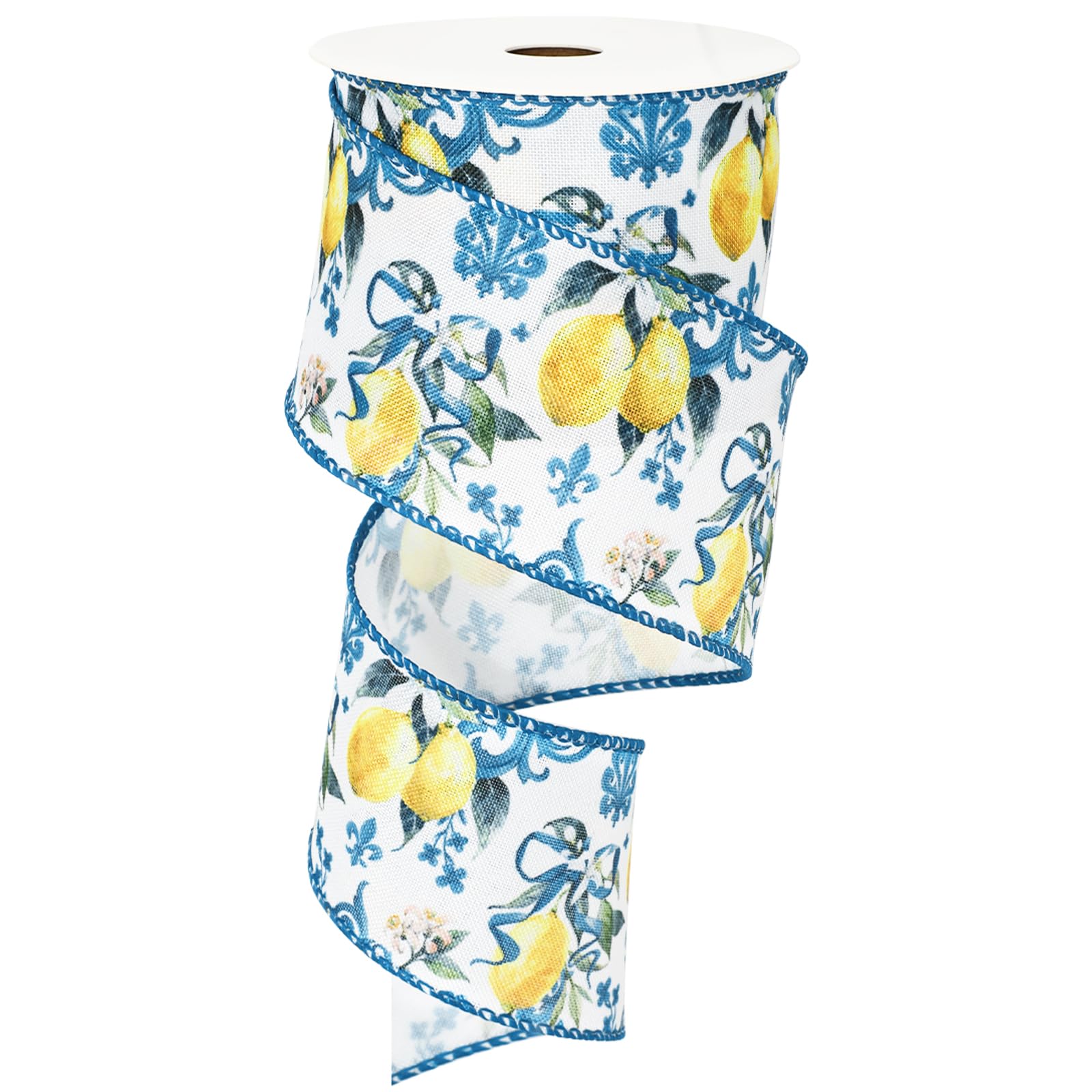 Lemon Wired Edge Ribbon Yellow Blue Tile Fabric Ribbon Spring Summer Craft Ribbon for Birthday Wedding DIY Wreath Bow Making, 12 Yard