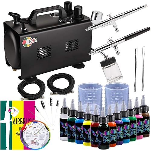 OPHIR 220V 2x Airbrushes Compressor Kit with 1L Air Tank and Double Outlet,Includes 12 Colors of Airbrush Acrylic Paint Set, 5x Cleaning Brush, 20x Measuring Cups