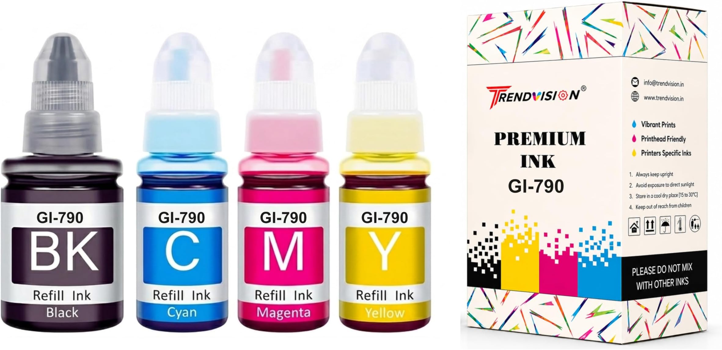 GI-790 Combo Refill DYE Ink Bottle Compatible with Canon GI-790 for use in PIXMA G1000,G1010,G1100,G2000,G2010,G2100,G3000,G3010,G3100,G4010 Printers (Black, Cyan, Yellow, Magenta)