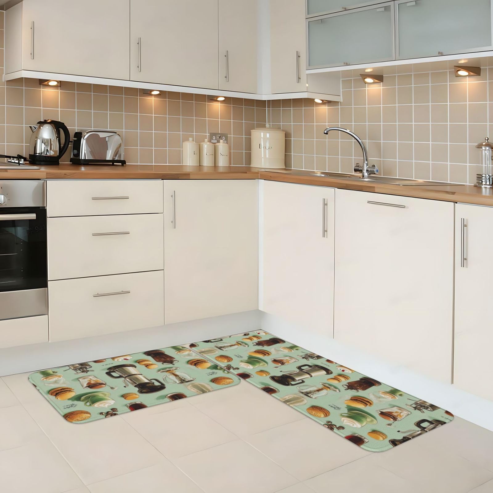 GVYGVY Antifatigue Kitchen Mats for Floor 2 Piece - Coffee Burger Print Kitchen Rugs Washable, Non Slip Runner Rug Standing Mat for Office/Bathroom/Laundry/Home Decor and Accessories