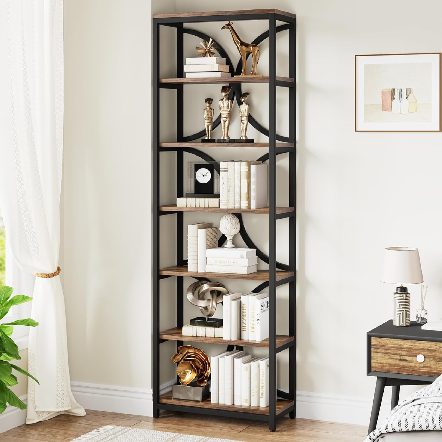 Tribesigns Libreria A 5 Ripiani Con 9 Scomparti – Design Mezzaluna, Ferro Nero E Legno, Divisorio Per Ambiente - 4