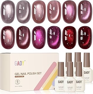 GAOY Purple Cat Eye Gel Nail Polish Kit with Magnet, 6 Colors Red Pink Glitter Holographic Nail Polish Set, UV Cure Gel for DIY Manicure at Home