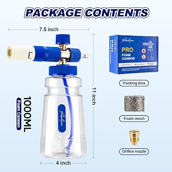 REALYOU Foam Cannon, Foam Cannon for Pressure Washer with 1/4 Inch Quick Connector, Additional 1.1mm Orifice Nozzle and 1L Bottle