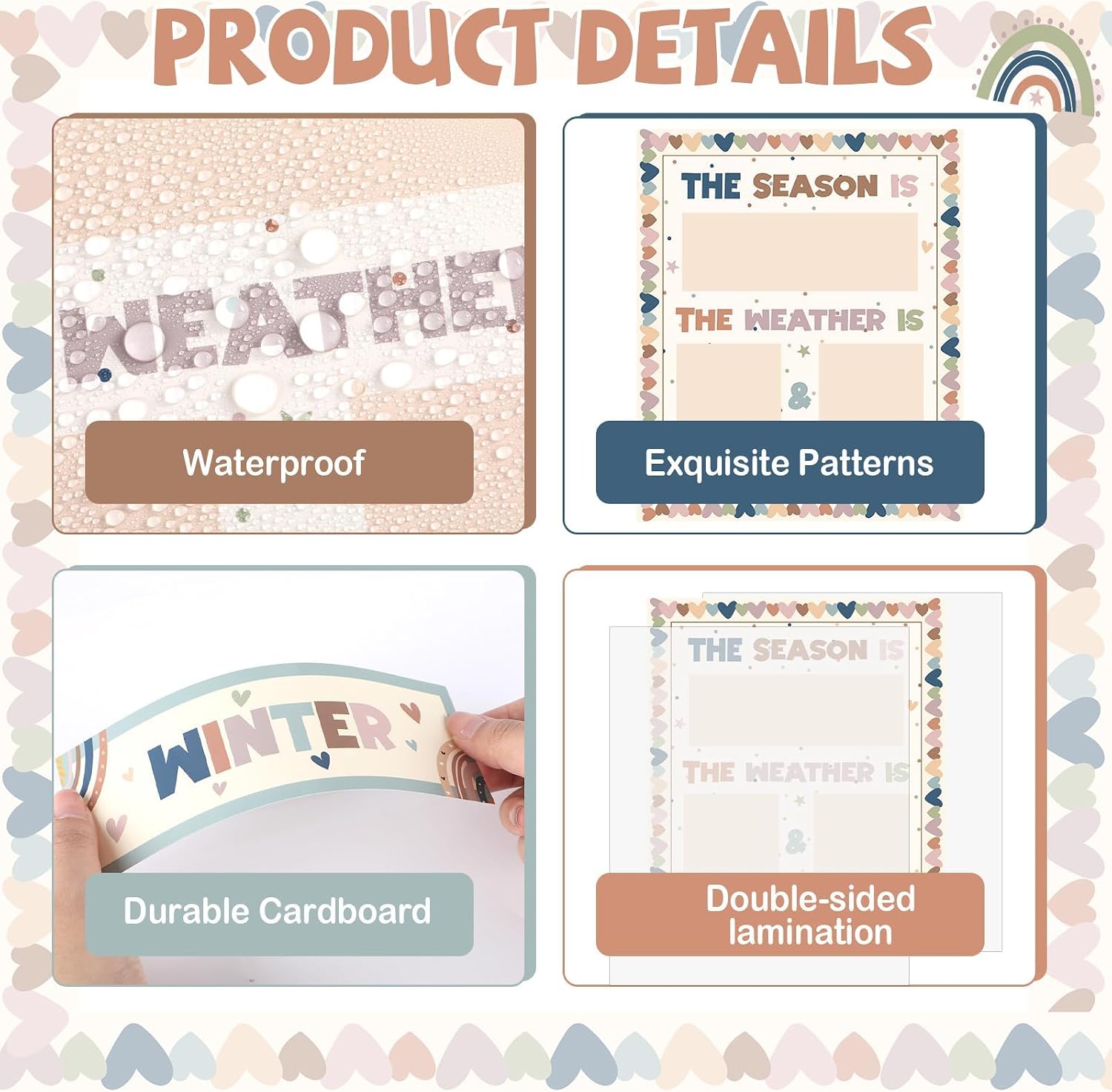 Boho Season and Weather Calendar Bulletin Board Season Calendar Posters with Weather Cards Hook and Loop Dots for Classroom Bulletin Board Wall Decor Preschool Kindergarten Student Teacher Supplies