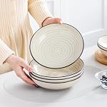 vancasso Bonbon Pasta Bowls Set of 6, 38 Oz Ceramic Salad Bowls, Wide and Shallow Bowls Set, Large Serving Bowls, Beige