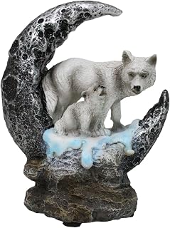 Ebros Gift Whimsical Winter Tundra Snow White Albino Wolf with Pup Cub by Snowy Crater Crescent Moon Figurine 4" Long As Wolves Timberwolves Collection