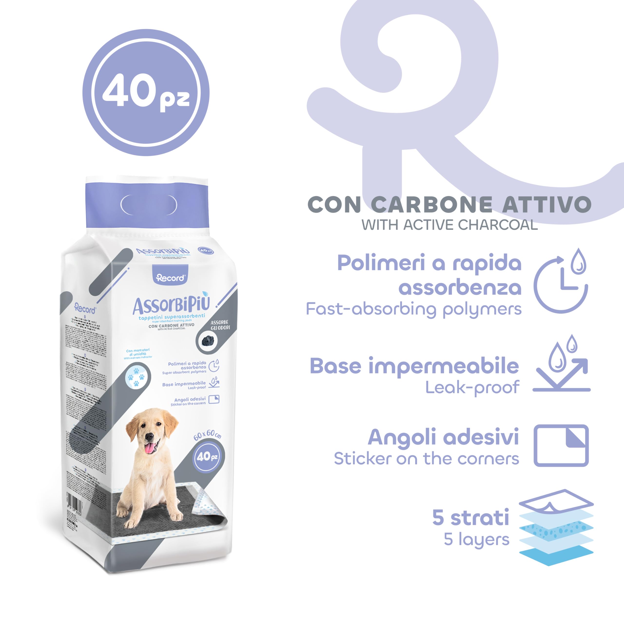 Record Tapis hygiéniques dormeuses jetables pour Chiens Assorbipiù – Paquet de 40 pièce avec Charbon Actif 60 x 60 cm – Capacité d'absorption supplémentaire – Indéchirable et inodore