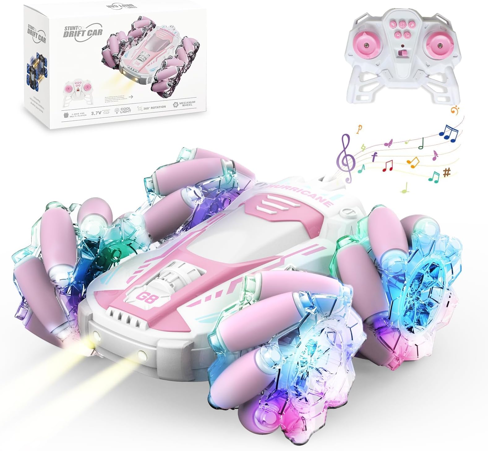 OMIRE Remote Control Car Toys,التحكم عن بعد لعبة السيارات,Pink RC Cars Stunt Car Toy,4WD 2.4Ghz Double Sided 360° Rotating RC Car with Cool Light and Music, Kids Toy Cars For Boys/Girls