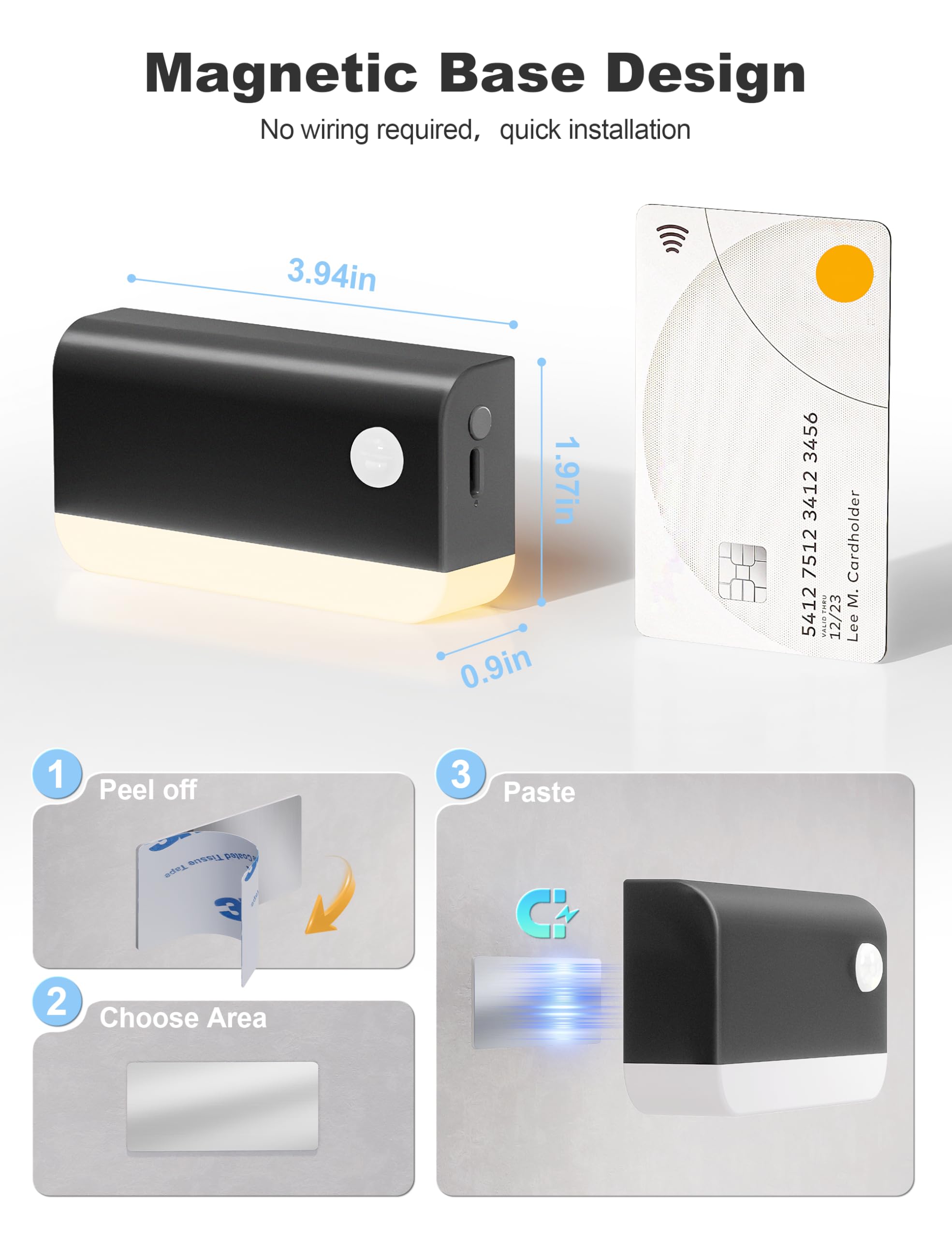 VOLISUN 6 Stück Nachtlicht mit Bewegungsmelder, 1200-mAh-Akku Treppenlicht mit Bewegungsmelder, Drahtlose magnetische LED Nachtlicht mit 3 Lichtmodi für Treppen, Schlafzimmer, Badezimmer (Schwarz)