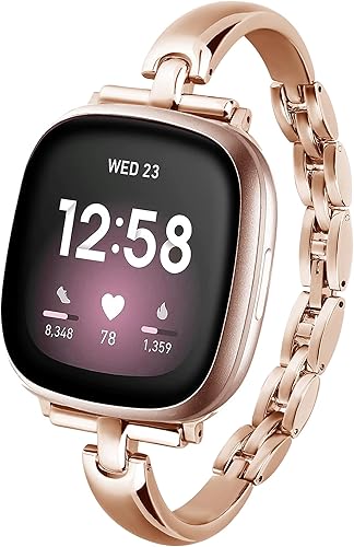 Vista 33 de Correa de metal delgada compatible con Fitbit Versa 4/Fitbit Sense 2 Band Cute Women (dorado)