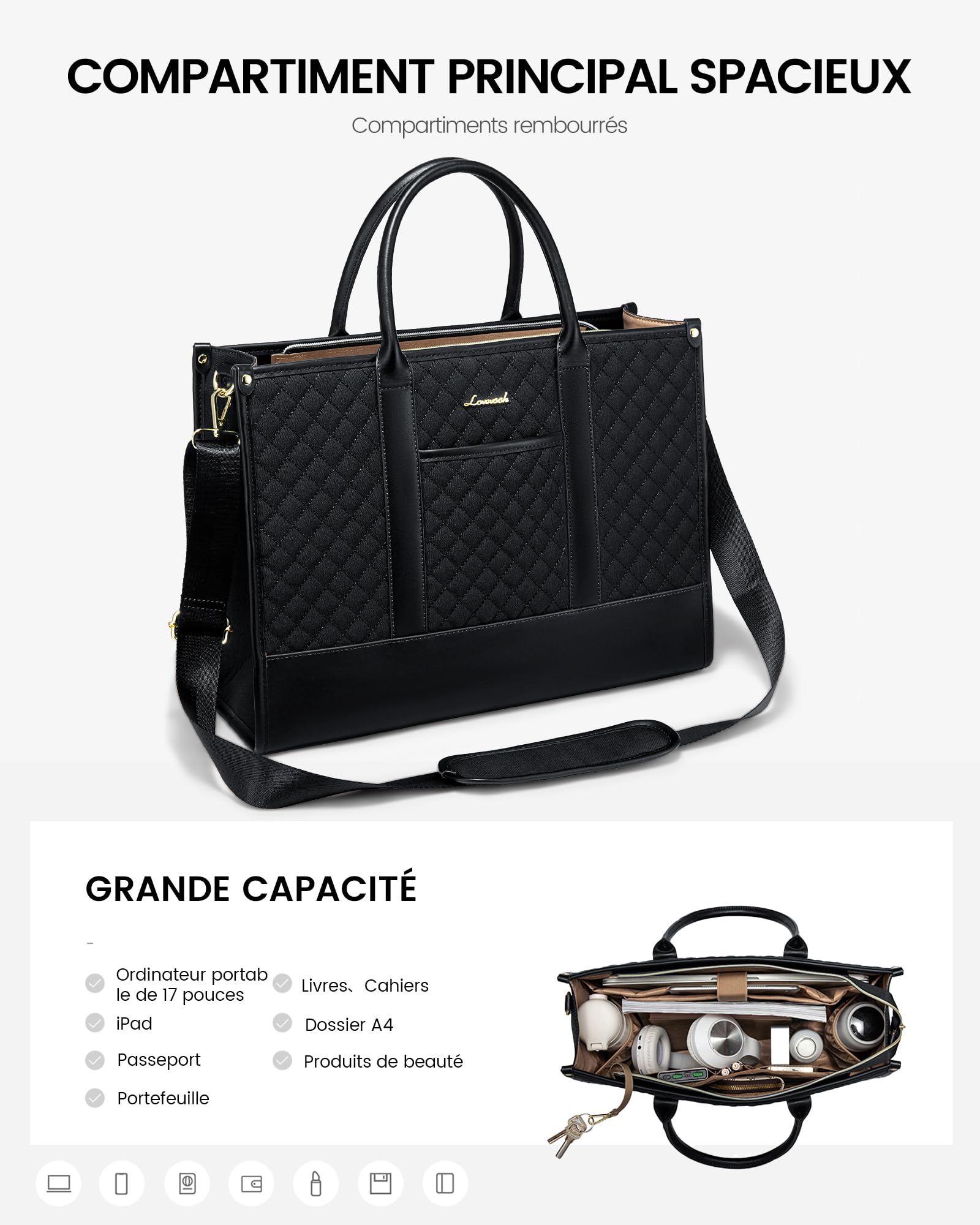 LOVEVOOK Sac Cabas Femme, Grand Sac à Main Sacs Ordinateur, PU Cuir Imperméable Tote Bag Les Cours Lycee Sac Bandoulière portés épaule Travail Etudiante Affaires