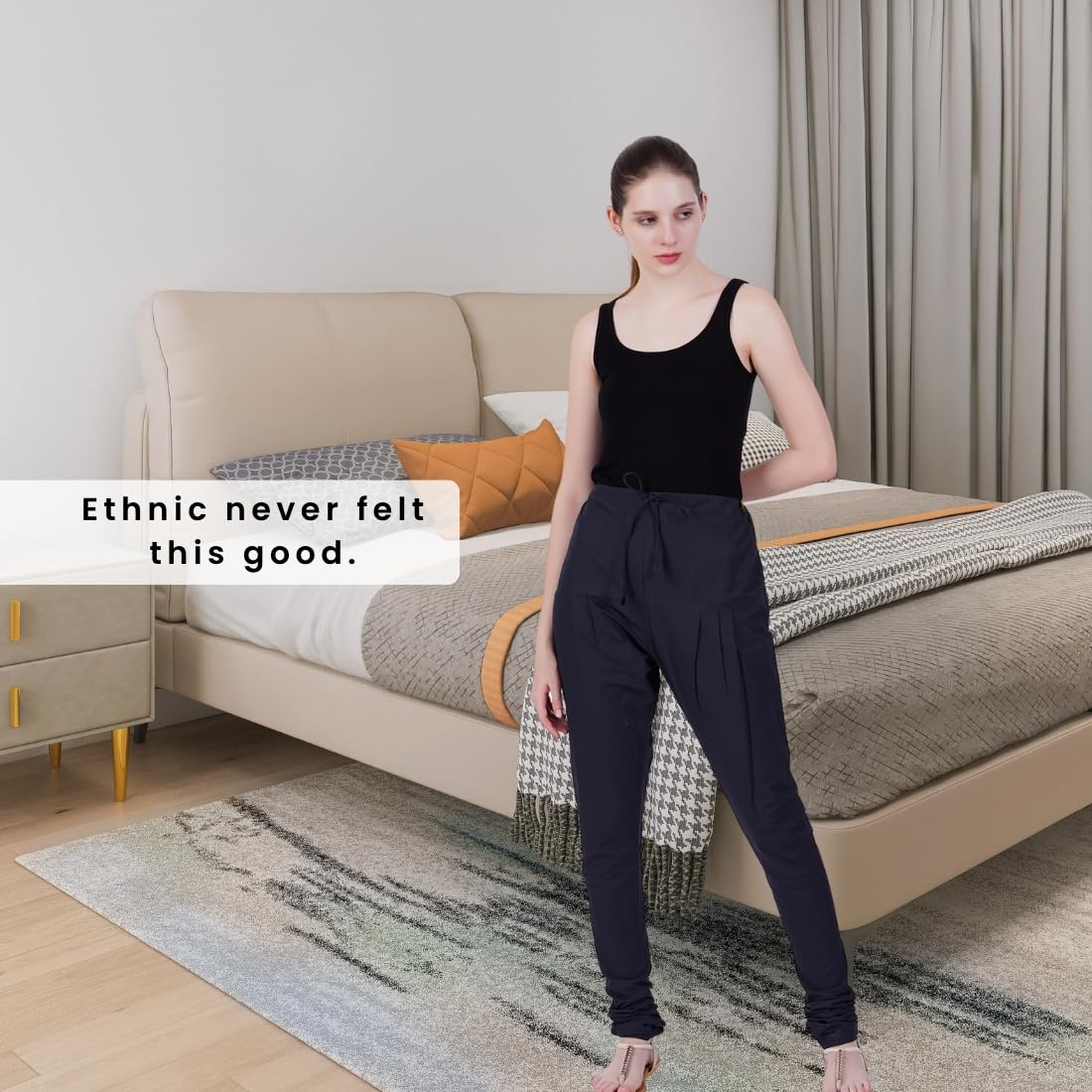 Happy Bunny Women’s Cotton Gathering Churidar Pants - Ethnic Gathereing Ankle, Drawstring Waist Bottoms for Kurtas, Office, Party, Casual Clothing (XL, Black) - Image 4 thumbnail