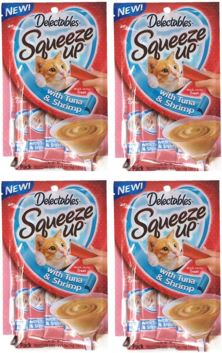 Squeeze Up Hartz Cat Treats Bundle of 4 Flavor Pouches, 2.0 oz Each (Tuna & Shrimp)