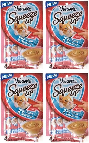 Squeeze Up Hartz Cat Treats Paquete de 4 bolsas de sabor, 2.0 onzas cada una (atún y camarones)