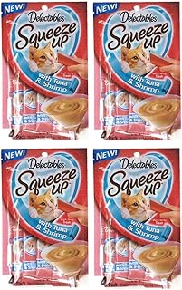 Delectables Squeeze Up Hartz Cat Treats Bundle of 4 Flavor Pouches, 2.0 oz Each (Tuna & Shrimp)