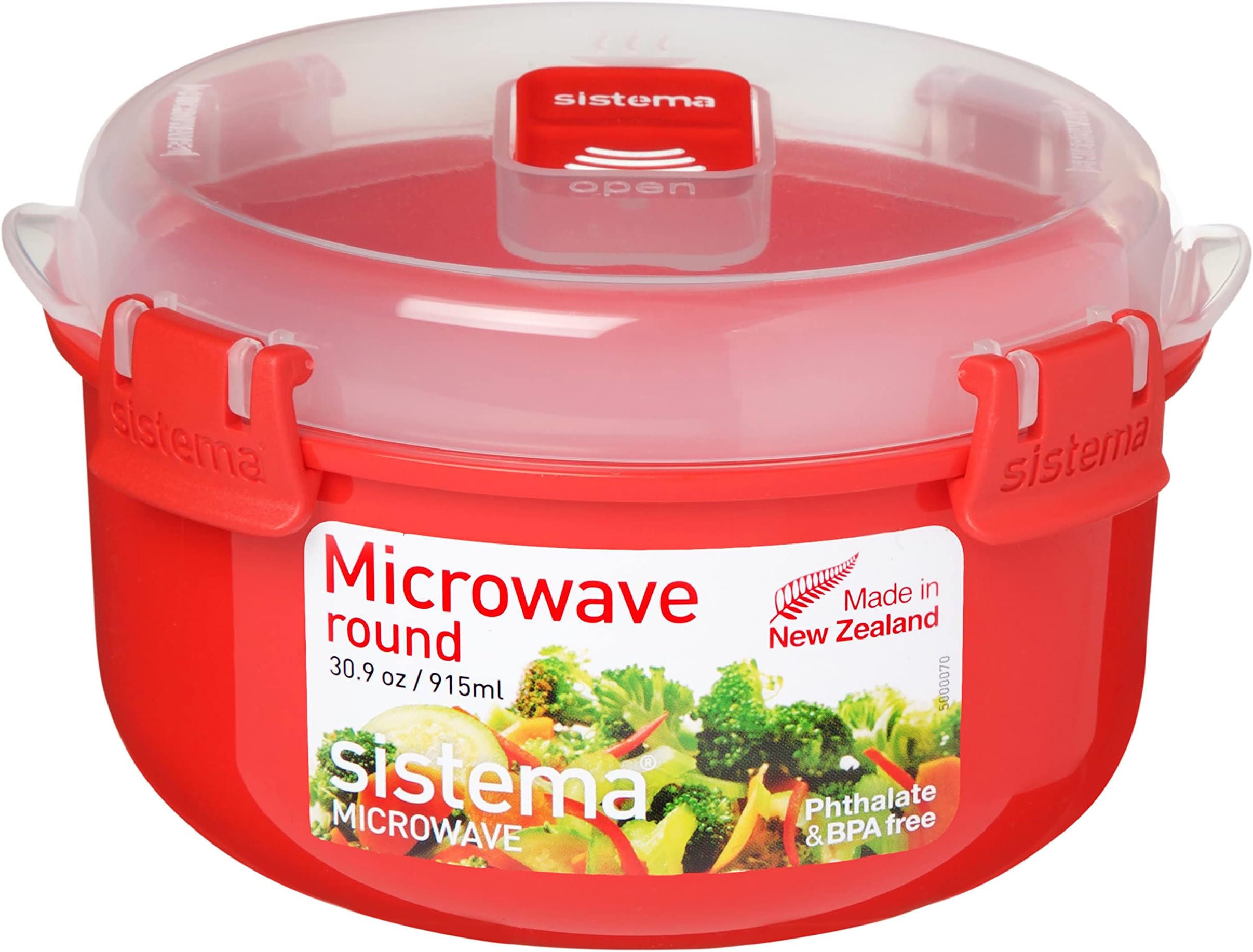 Sistema Microwave Round Bowl | 915 ml Food Container with Steam Release Vent | BPA-Free | Red/Clear