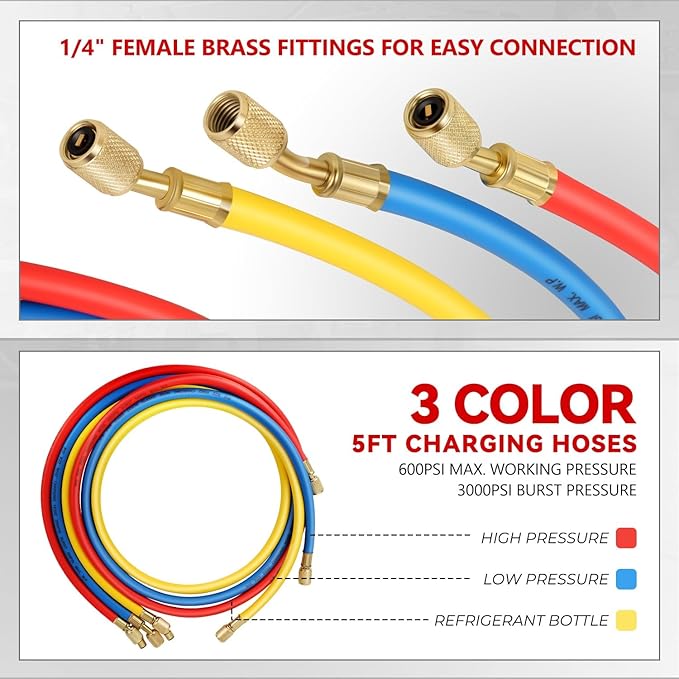 Auto Dynasty 3 Way AC Gauge Set Diagnostic Manifold Set Tools Kit miniatura 4