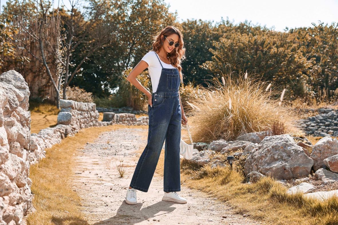 Pink Queen Women's Denim Bib Overalls Casual Loose Adjustable Straps Wide Legs High Waist Jean Pants Jumpsuits with Pockets