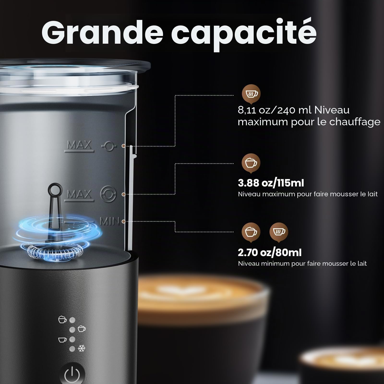 Morpilot Mousseur à Lait Electrique 4 EN 1, 80-240ml 400W Emulsionneur à Lait pour Mousse Chaude et Froide, Chauffe-lait avec Revêtement Antiadhésif en Acier Inox pour Macchiato Cappuccino Latte