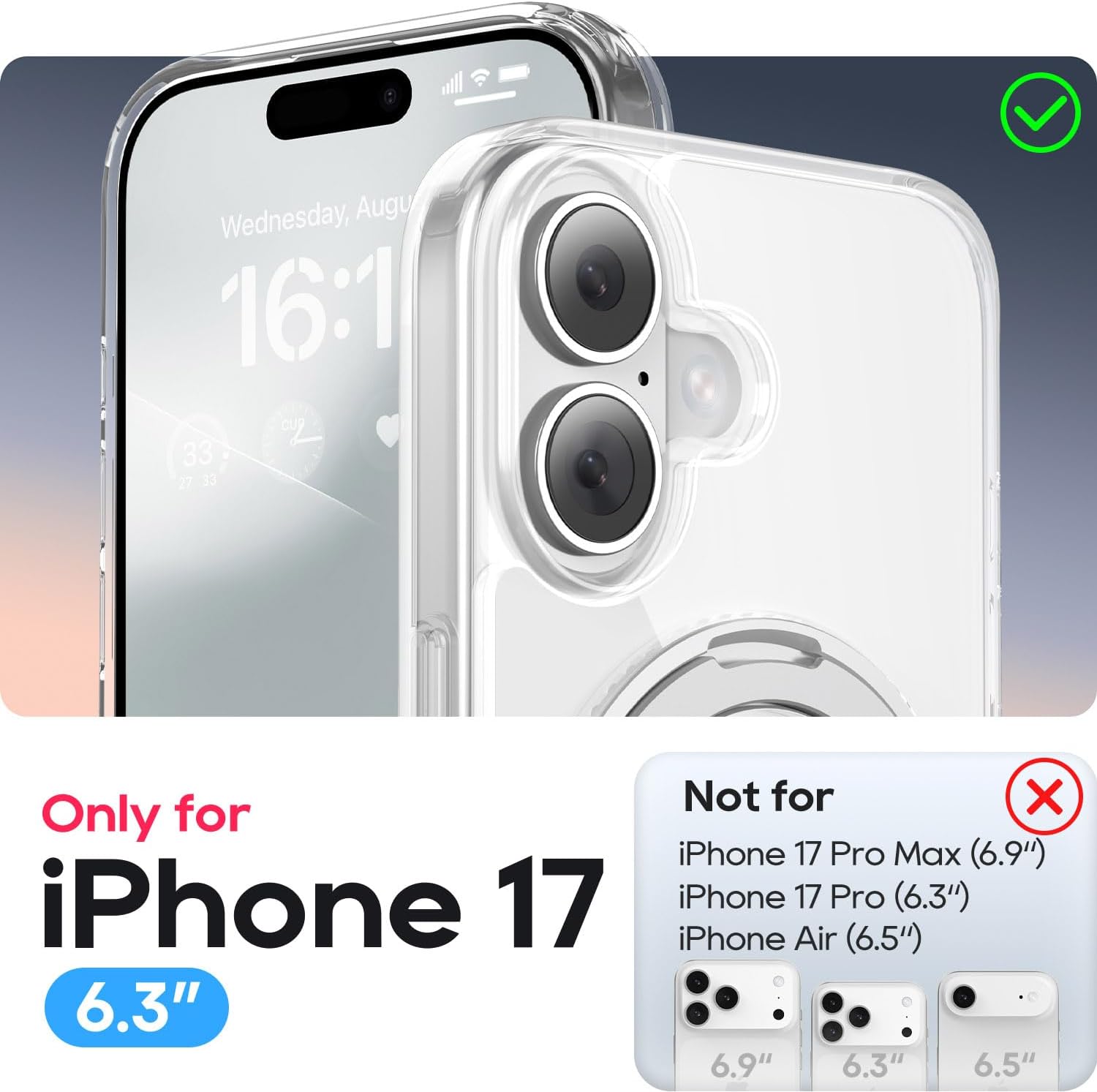 for iPhone 17 Case 6.3-Inch with Magnetic 360° Ring Stand Compatible with MagSafe Crystal Clear Shockproof Protective Phone Cover 6.3" 2025, Clear