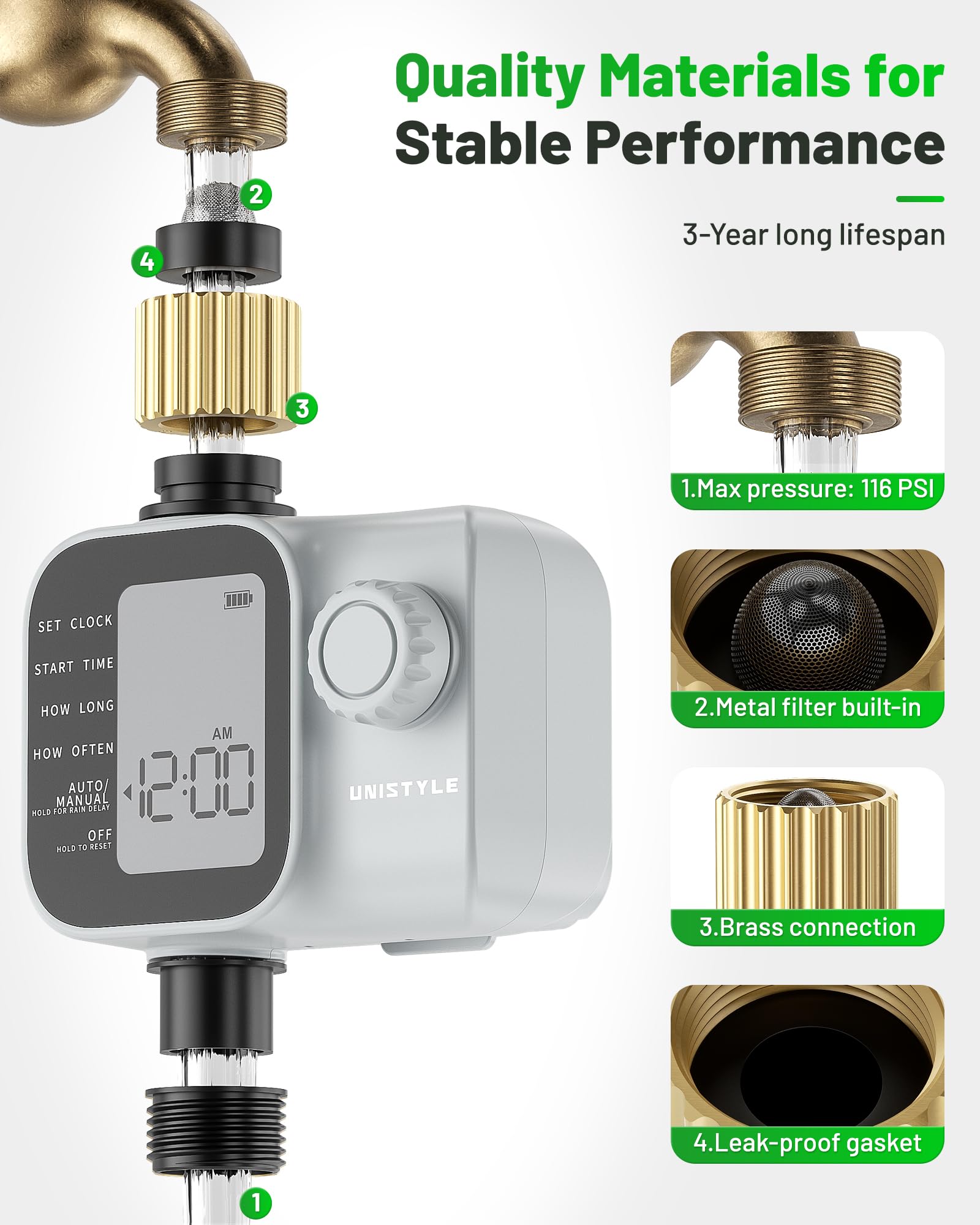 Unistyle Timer per irrigazione con ingressi in ottone, timer programmabile per acqua per tubo da giardino, timer impermeabile IP55 con timer di irrigazione manuale e automatico per cortile e prato