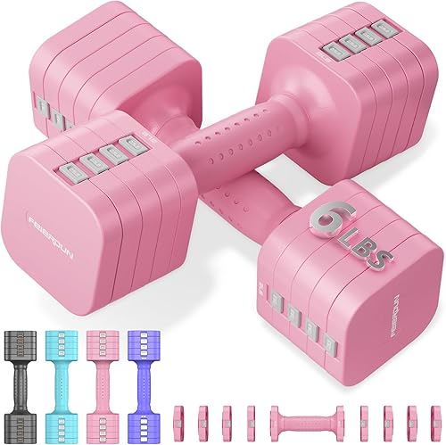 FEIERDUN 5-in-1 Adjustable Dumbbell Set of 2, 12LBS/6LBS Hand Weights for Women, 1s-Adjust Dual-Stable Dumbbell Set for Women Home Gym & Outdoor, Pink