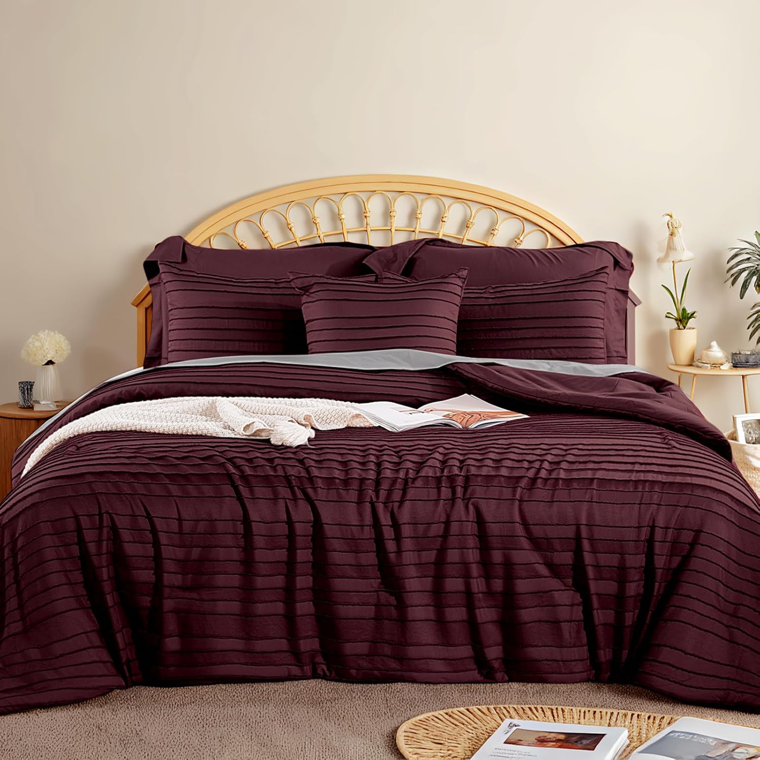 NEXHOME PRO Tufted Boho Comforter Set Full, 8 Pieces Ultra Soft Brushed Microfiber All-in-One Bedding, Lightweight All Season Comforter Bed in a Bag, Machine Washable, Burgundy