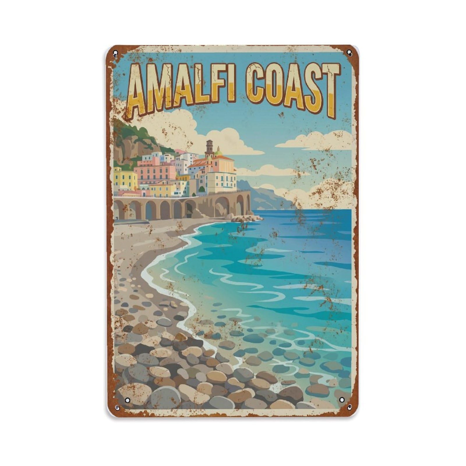 Fqnyr Style Vintage Travel Shore Italy Pebble Metal Tin Sign Plaque Wall Decor For Cafe, Club Bar, Office, Home Garden Metal Poster 8X12inch