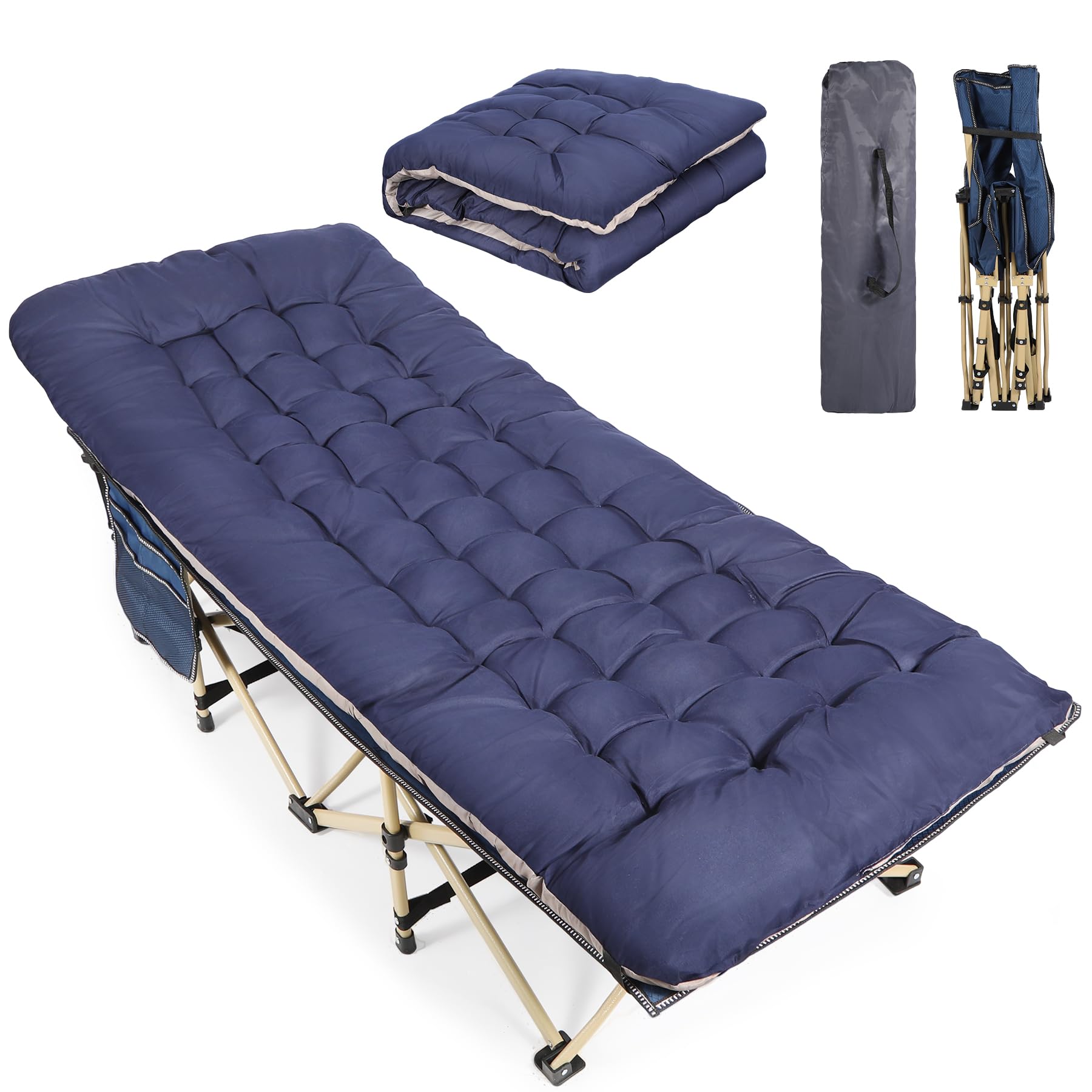REDCAMP Folding Camping Beds for adults, Heavy Duty Sturdy Camp Bed with Thick Mattress, Stronge Thicker Tubes Sleeping Cot Outdoor Travel Office with Thicker Pad,Blue Bed+Blue Mattress