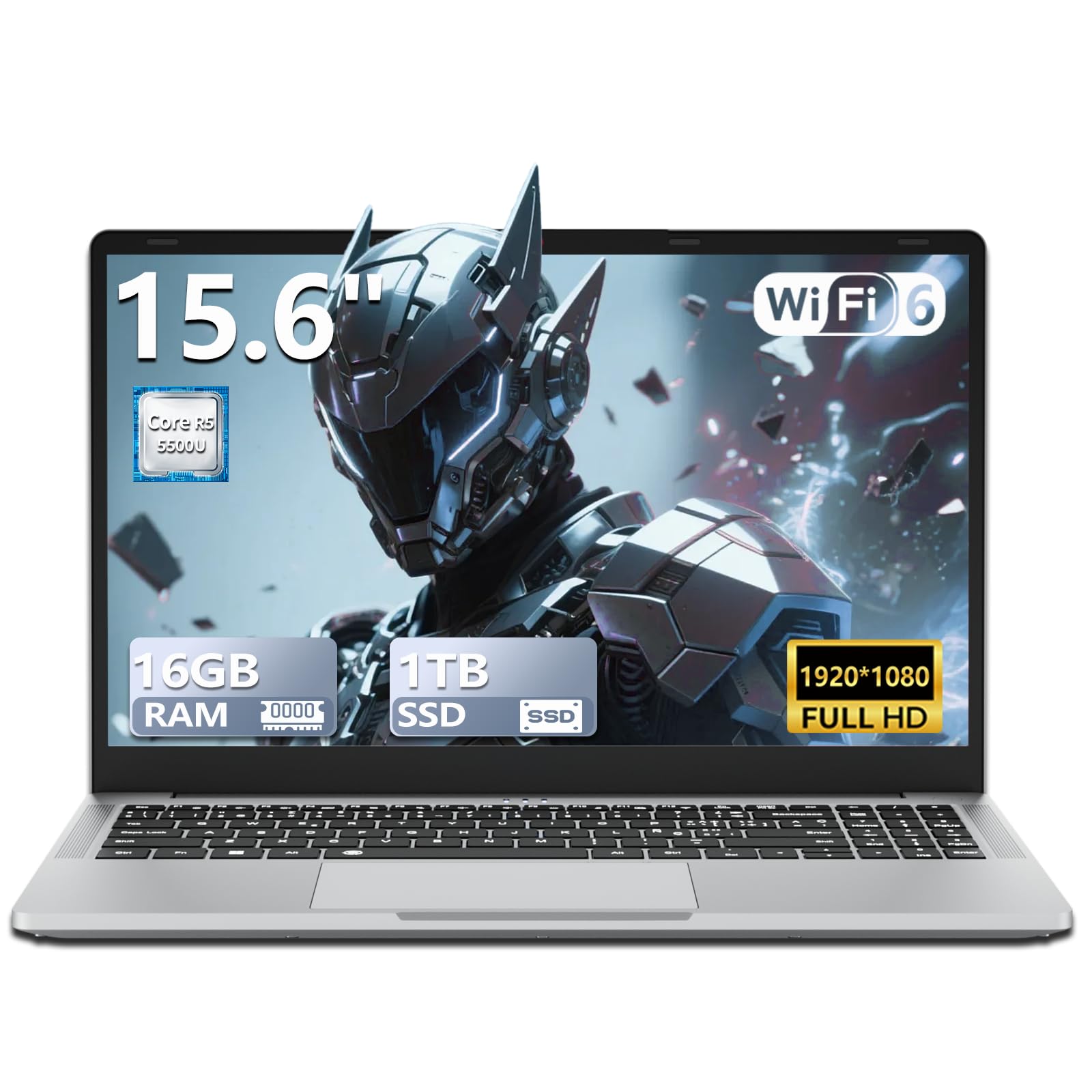 Ordinateur Portable 15,6 Pouces avec Ryzen 5 5500U CPU Carte Graphique Radeon, Win 11 PC Portable 16Go de RAM SSD 1To, Laptop avec Clavier Rétroéclairé avec Pavé Numérique Type-C HDMI USB3.0 Wi-Fi6